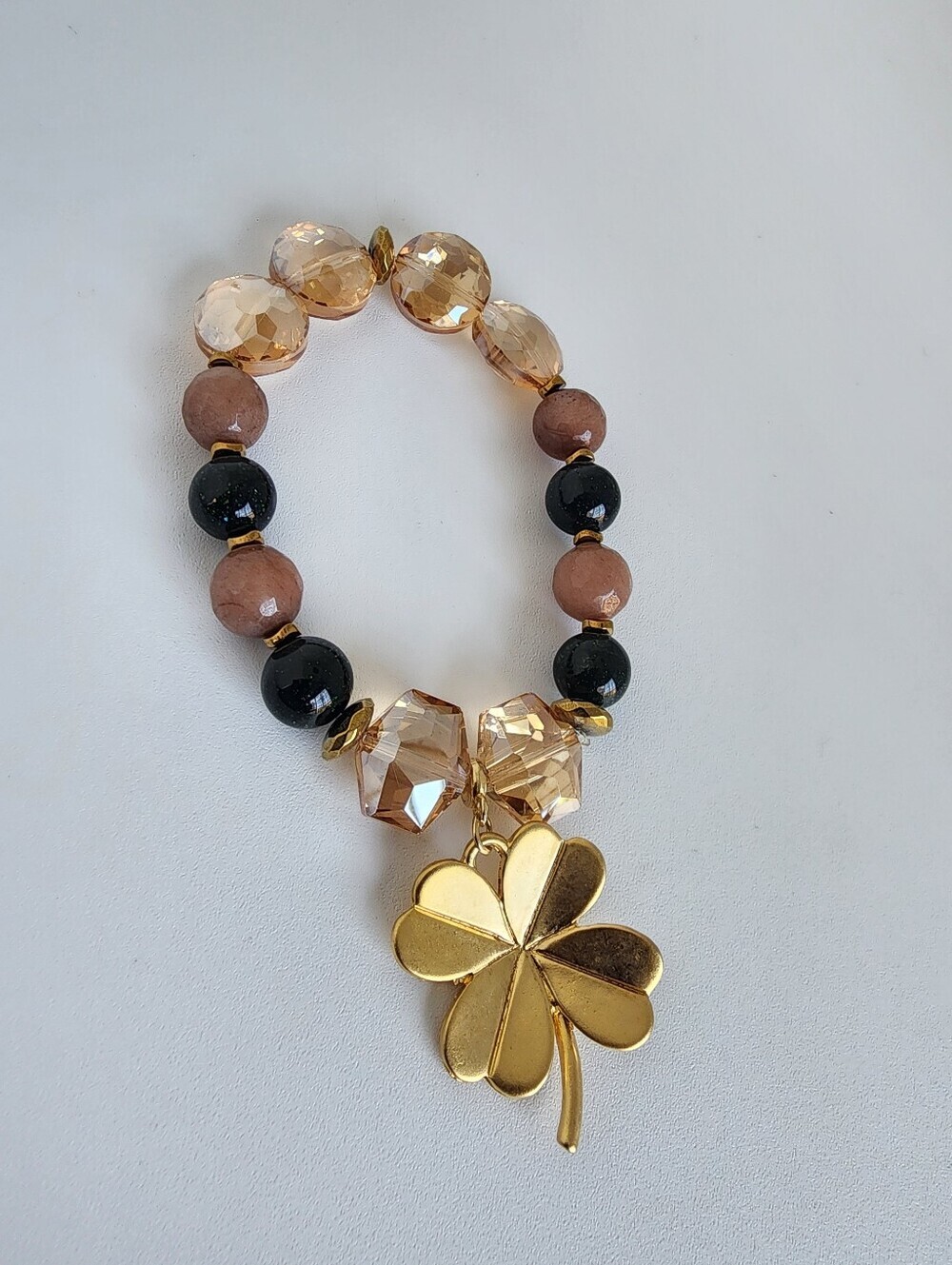 Lucky Four Leaf Clover Charm Stretch Bracelet Gold Tone Crystal Beaded